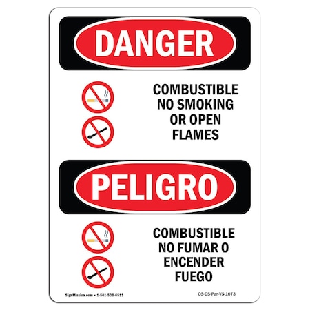 OSHA Danger, Combustible No Smoking Open Flames Bilingual, 5in X 3.5in Decal